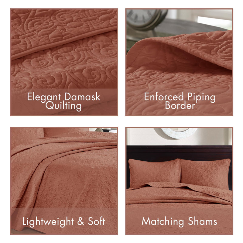 Quebec Reversible Quilt Set, Full/Queen Coverlet + 2 Standard Shams, Clay Red