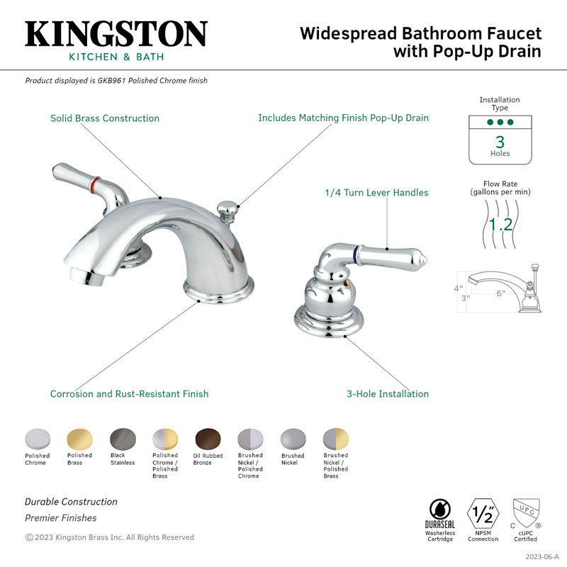 Kingston Brass Magellan Two-Handle 3-Hole Deck Mount Widespread Bathroom Faucet with Retail Pop-Up Drain