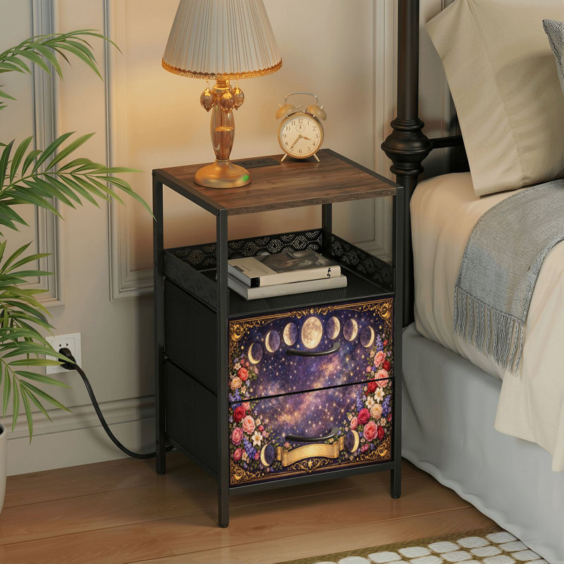 Table de chevet 2 tiroirs avec station de charge, table de chevet de chambre à coucher avec ports USB et prises USB