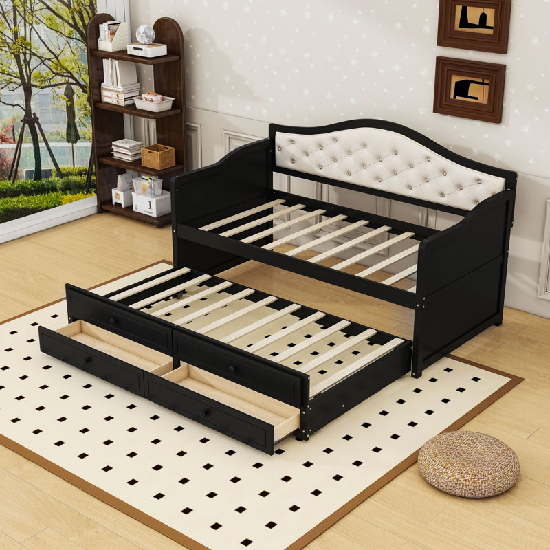 2 Drawers Twin Daybed with Twin Trundle and Upholstered Button-Tufted Backrest, Black