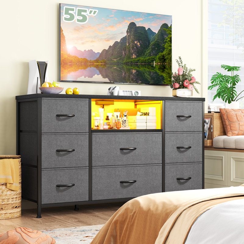 Dresser For Bedroom With Led Lights & Power Outlets, Bedroom Dressers With 8 Drawers, Tv Stand Dresser For Bedroom, Gray
