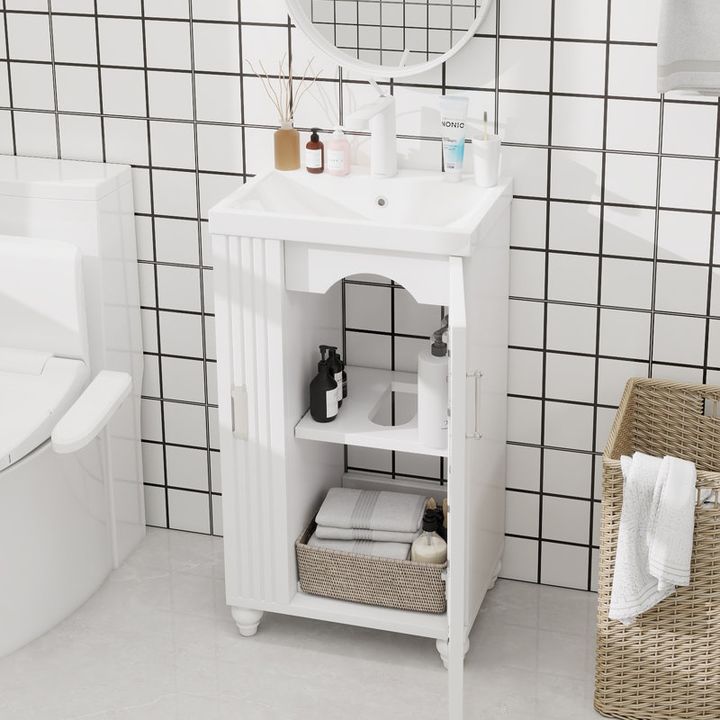 Meuble-lavabo de 20 po avec lavabo, meuble-lavabo avec tablette à deux niveaux, tablette réglable, bois massif et panneau de fibres à densité moyenne, blanc
