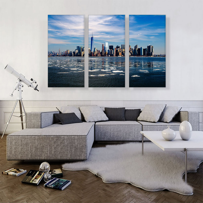 New York Winter Skyline - ensemble de 3 reproductions de photos sur toiles tendues, H 40 po x l 60 po x 1,5 po
