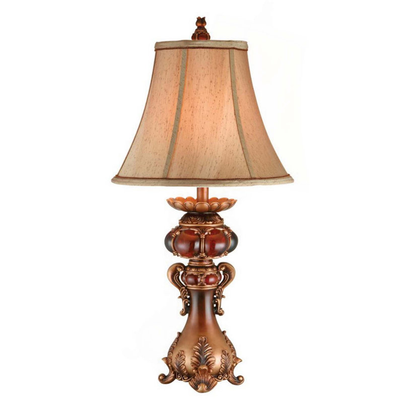 Lampe de table haute en polyrésine 31 "avec finition rouge et brune, abat-jour en lin