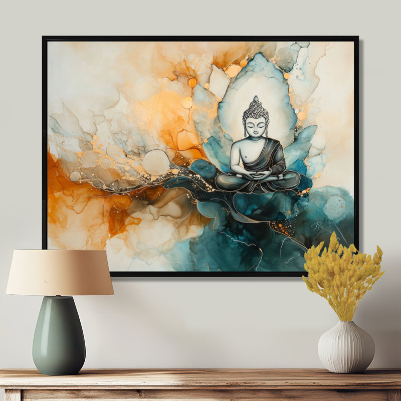 «Whispering Light Of Buddhism I - Bouddhisme, art mural, salon, H 30 po x l 40 po, Reproduction avec cadre flottant, Noir
