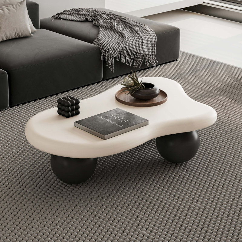 Table basse de 40 pouces en forme de nuage avec 3 pieds sphériques pour le salon, Blanc/Noir