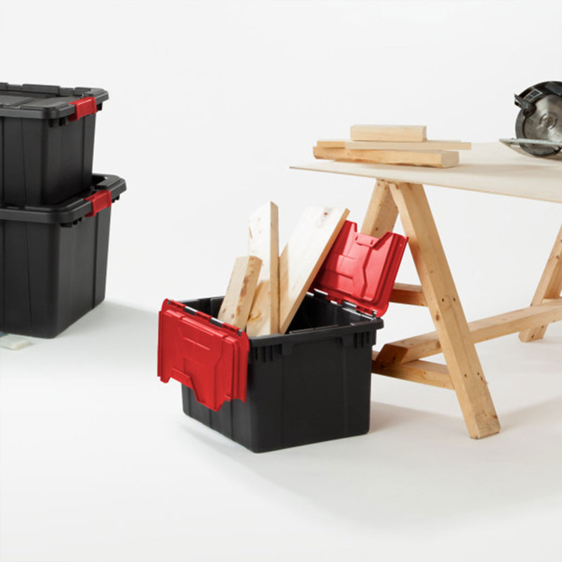Sterilite 12 Gallon/45 Litre Hinged Lid Industrial Tote, Red Lid