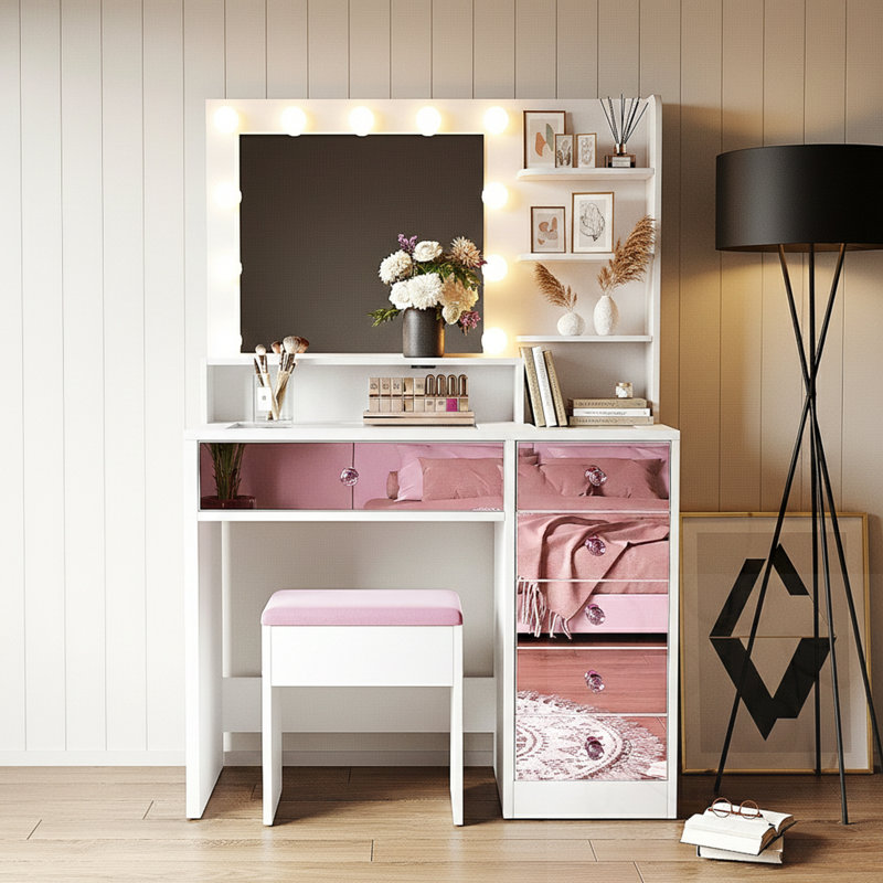 Bureau de meuble-lavabo en verre avec ampoules et rangement Hollywood