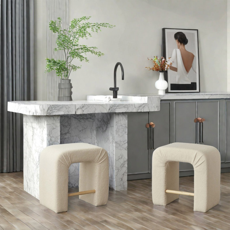 24" H Boucle Stool Set Of 2, Counter Stool With U-Shaped Design, Bar Stools Dining Chairs, Beige