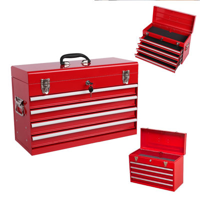 Boîte à outils en métal robuste, 21 pouces, boîte à outils en métal portable avec 4 tiroirs, petit coffre à outils avec doublures en EVA, glissières à roulement à billes verrouillables et finition thermolaquée, organisateur d'outils multifonctionnel