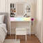 Bureau de coiffeuse avec miroir à DEL et prise de courant, ensemble de coiffeuse avec tiroirs de rangement et chaise, 3 modes d'éclairage et luminosité réglable RVB à DEL, coiffeuse pour chambre de filles, blanc