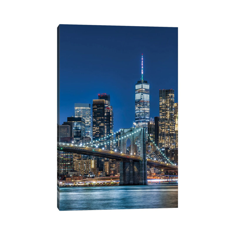 Le pont de Brooklyn et l'horizon de Manhattan dans la nuit, New York, H 12 po x l 8 po