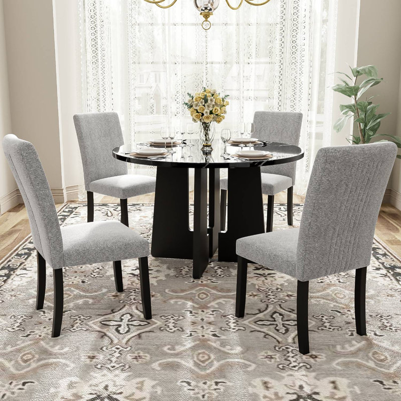 Polett Round Dining Set, Black Table with Gray Chairs
