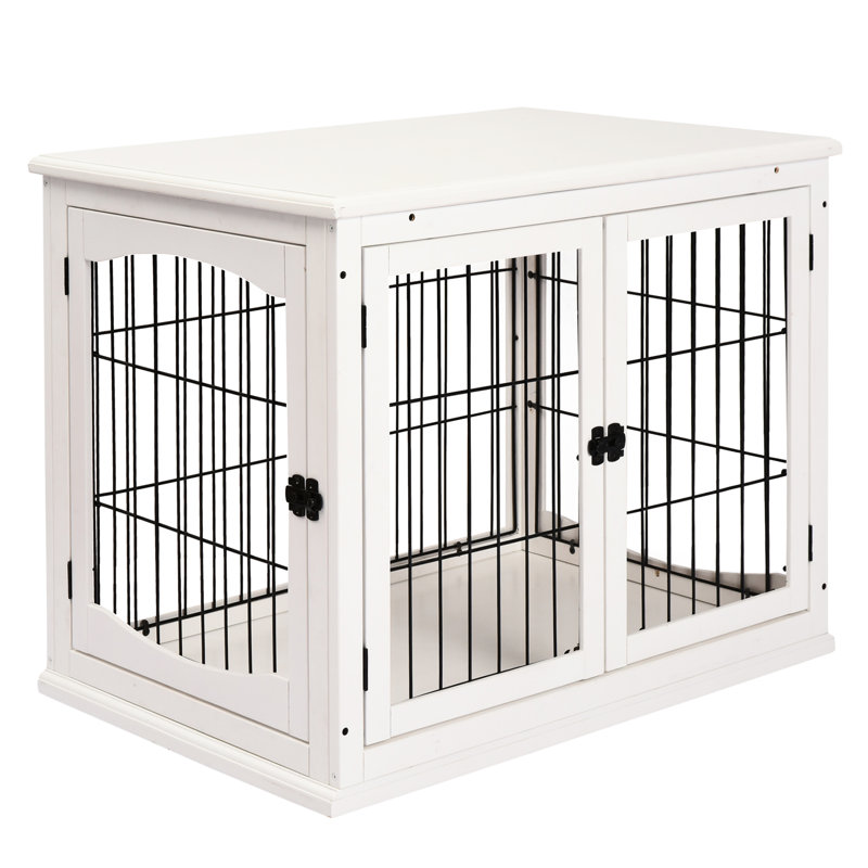 Meuble de table de bout Puppy Kennel, porte verrouillable à 2 côtés, décorative mignonne pour chien d'intérieur, table de caisse blanche pour chien, petite, avec deux décorations ouvertes