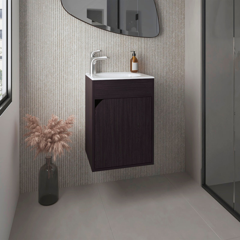 Meuble-lavabo flottant à une porte avec lavabo en résine et deux tablettes, rangement pour salle de bain, noir, Noir