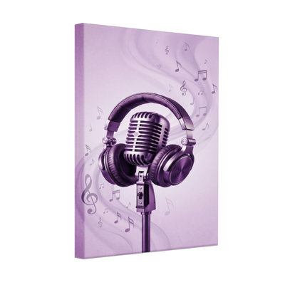 «Mauve», microphone et casque d'écoute avec notes de musique, reproduction d'art sur toile tendue sur toile, ensemble de 1