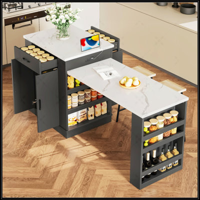 Console d'îlot extensible avec tiroirs, armoire à deux portes et tablettes ouvertes pour une utilisation multifonctionnelle dans la cuisine