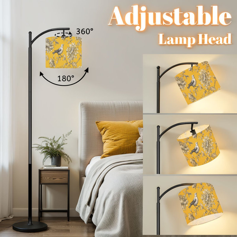 Arc Floor Lamp with Adjustable Lampshade Vintage Bird Floral Black White Mustard Yellow Summer Decor Standing Lamp 3 Color Temperatures Dimmable Tall Pole Lamp with Foot Switch for Bedroom