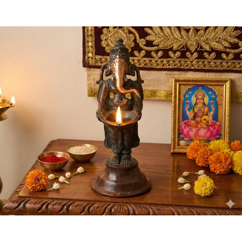 5" Handmade Brass Ganesha Oil Lamp Auspicious Standing Figure Indian Home Decor Lighting, Double chola