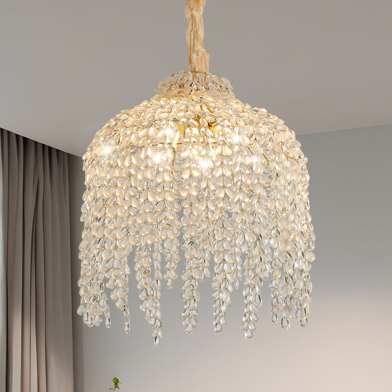 Lustre suspendu en cristal 16 lumières 5 pouces, conception en cascade avec perles de cristal en forme de raisin et finition dorée