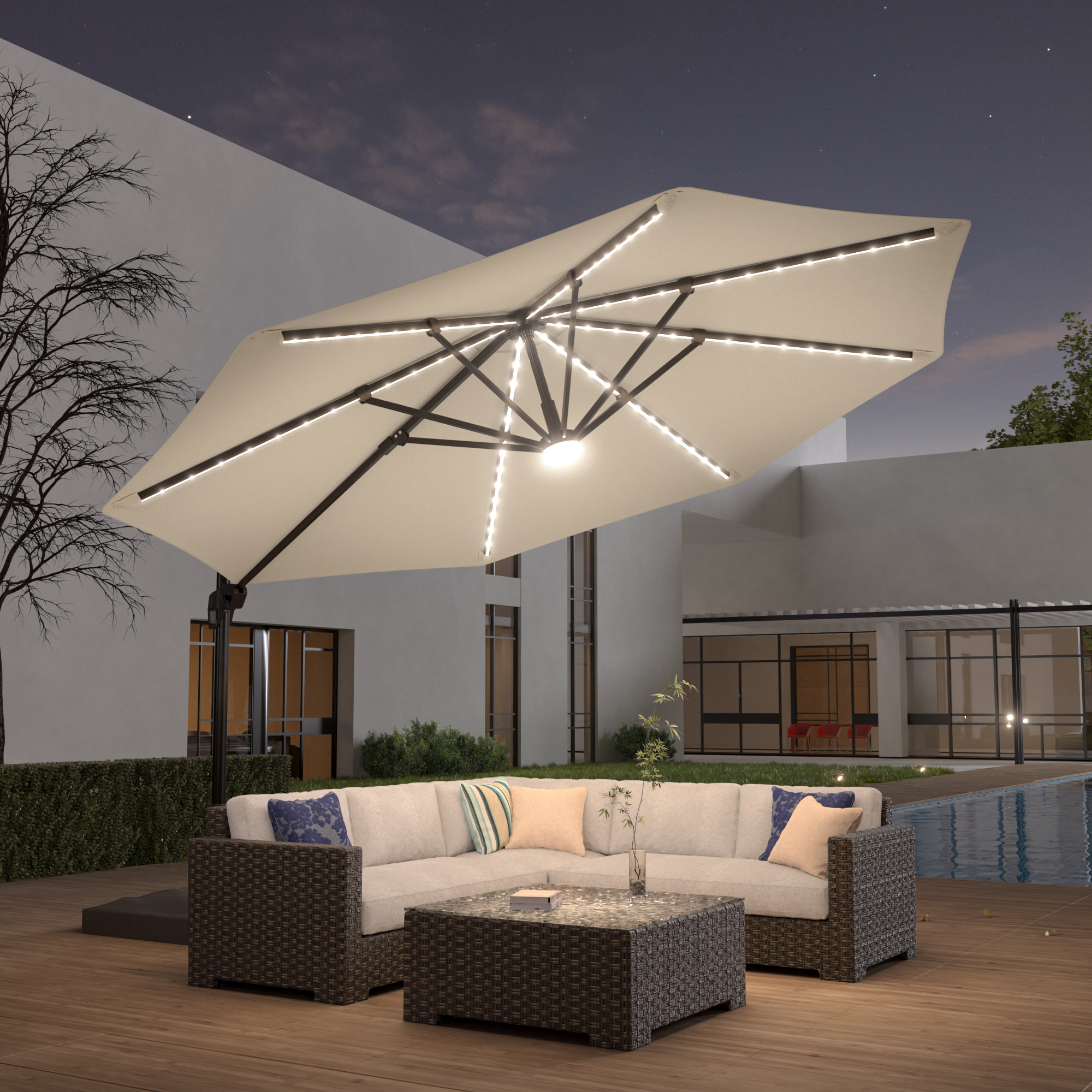 Arlmont &amp; Co. 11Ft Outdoor Cantilever Umbrella Solar Lights and Stand ...