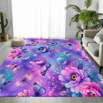 Tapis floral Galaxy Galaxy, motif de libellule rose mauve, tapis antidérapant lavable à la machine, décoration intérieure artistique vibrante pour salon, chambre à coucher, dortoir, appartement, cuisine