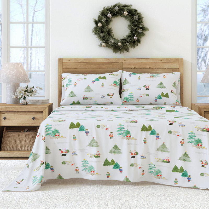 100% Turkish Cotton Flannel Christmas Sheet Sets, Watercolor Santa & Friends Holiday Scene