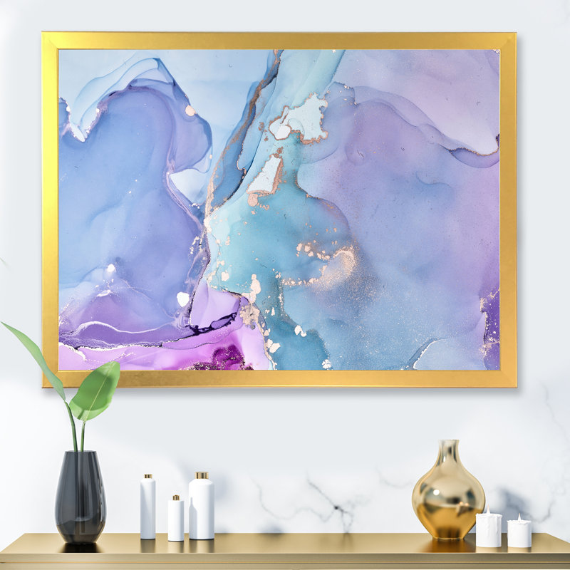 Art liquide bleu avec veines dorées II - reproduction sur toile, H 12 po x l 20 po, Toile à cadre d'angle fermé doré