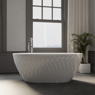59"L x 29.5"W Wavy Textured Oval Freestanding Soaking Bathtub, Modern Luxury Deep Soak Stand Alone Tub for Bathroom