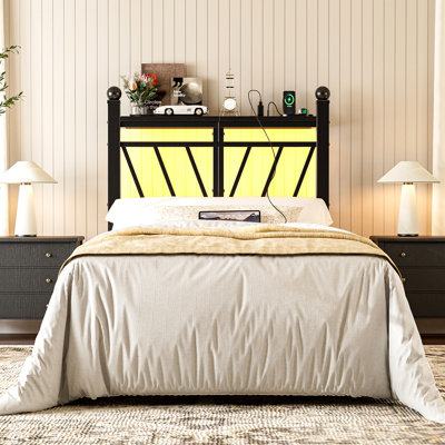 Metal Headboard With Storage, 60,000 Diy Color Of Led Lights, Head Board With Charging Station, Modern Freestanding Headboard Only, Easy Assembly