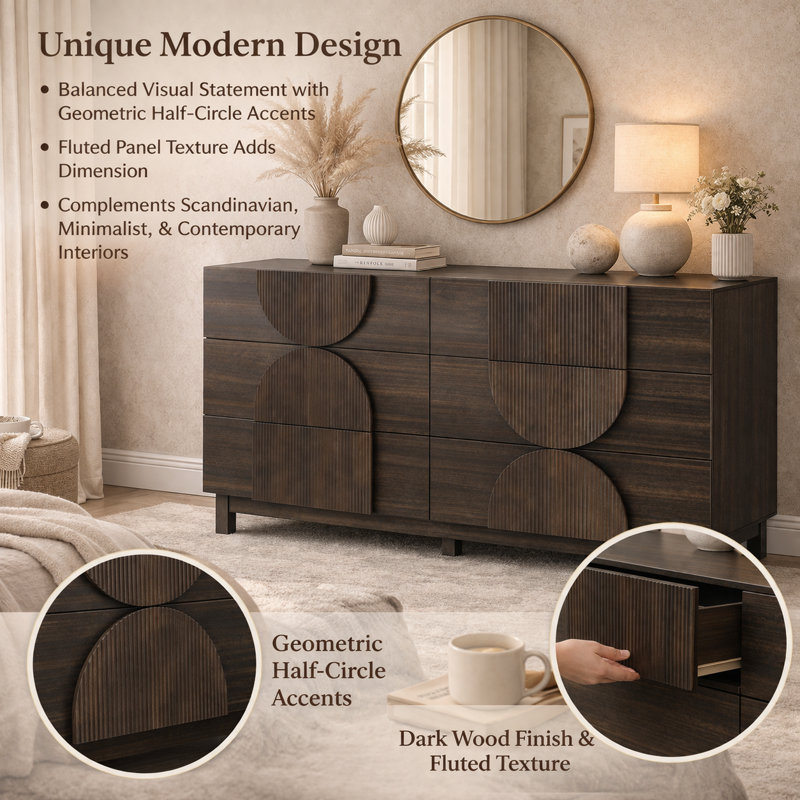 60"W 6 - Drawer Dresser, Dark Brown