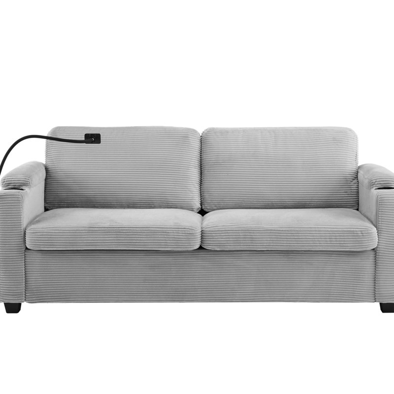 Velours côtelé convertible avec matelas double, hublots, porte-gobelets, poches latérales, porte-téléphone, touche pratique pour le salon, canapé-lit gris taille 2 simple