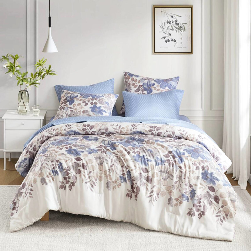 Édredon à imprimé floral avec draps pour lit simple, abat-jour bleu et drap lavable à la machine en grande capacité