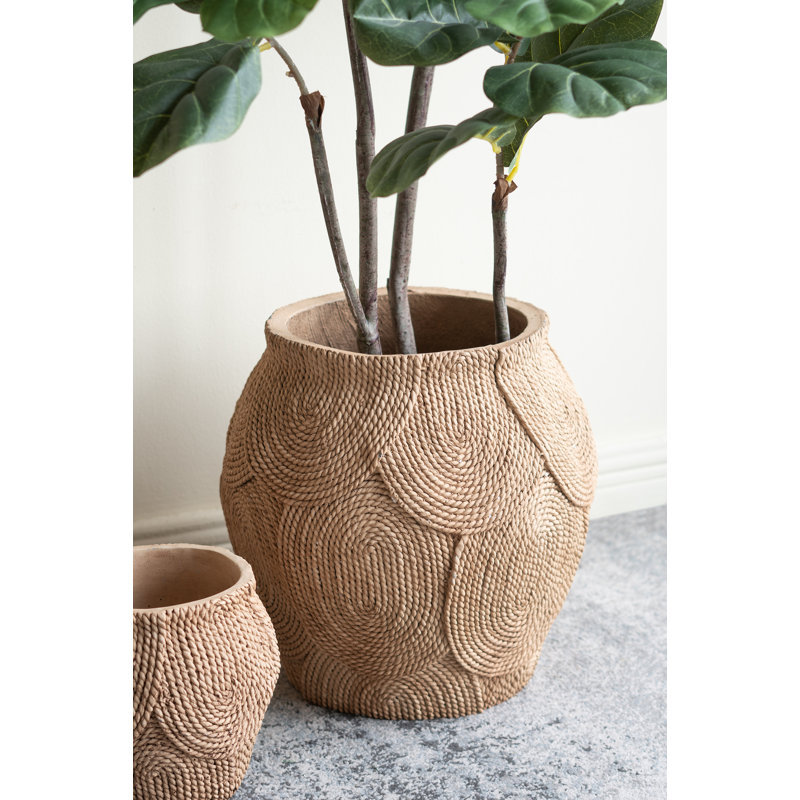 14.8" H x 15" W x 15" D Round Sand And Cement Planter With Woven Brown Texture, 14.8" H x 15" W x 15" D