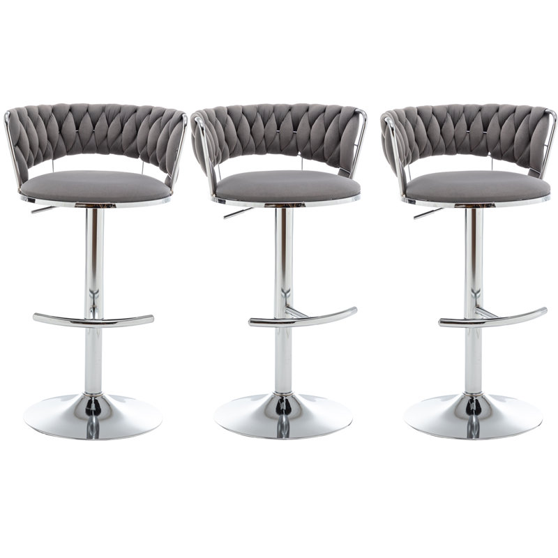 Swivel Bar Stools Set of 3, Counter Height Bar Stools with Low Back, Adjustable Height Barstools, Velvet Bar Stools for Kitchen Island, Pub (Grey)