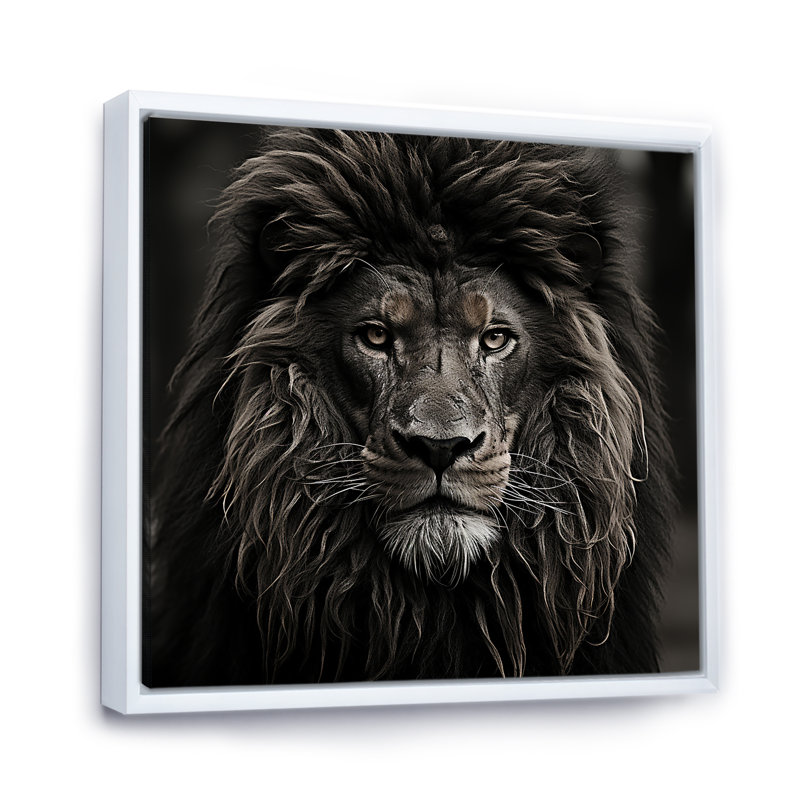 Portrait de lion noir majestueux - décoration murale animal lion, Cadre flottant blanc, H 36 po x l 36 po x P 1,5 po
