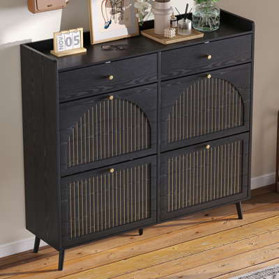 Armoire à chaussures pour le hall d'entrée avec 4 tiroirs rabattables, organisateur de chaussures étroit avec panneau cannelé, armoire à chaussures autoportante en bois avec 2 tiroirs pour le vestibule, couloir, vestibule, noir