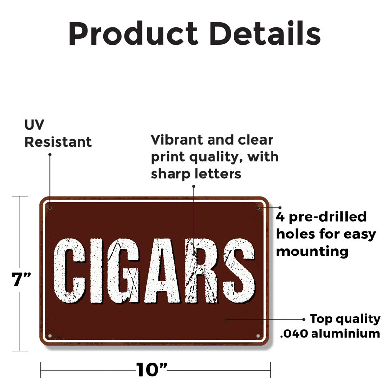 Enseigne de fantaisie en aluminium 7 po x 10 po Cigars, H 7 po x l 10 po x P 0,1 po