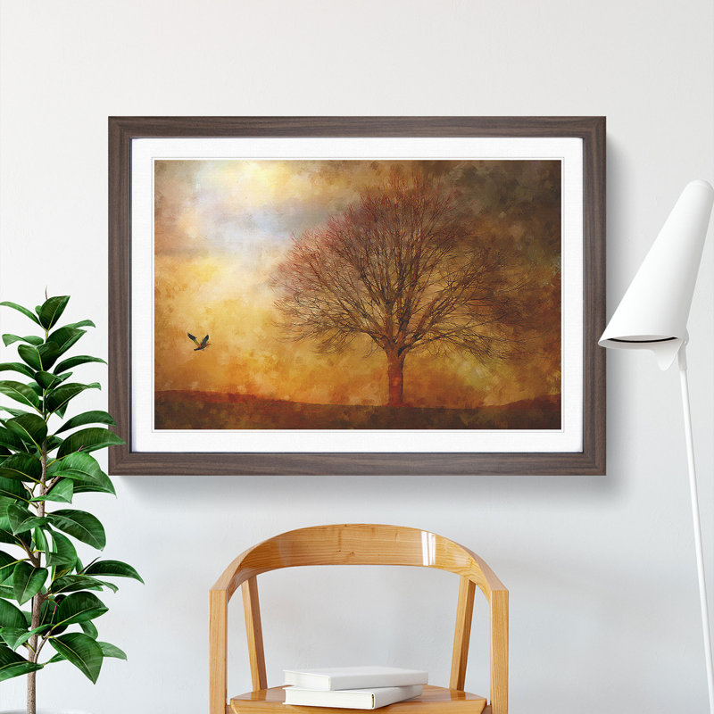Bird and Tree at Sunset - Picture Frame Painting, Walnut Framed, 27cm H x 36cm W x 2cm D