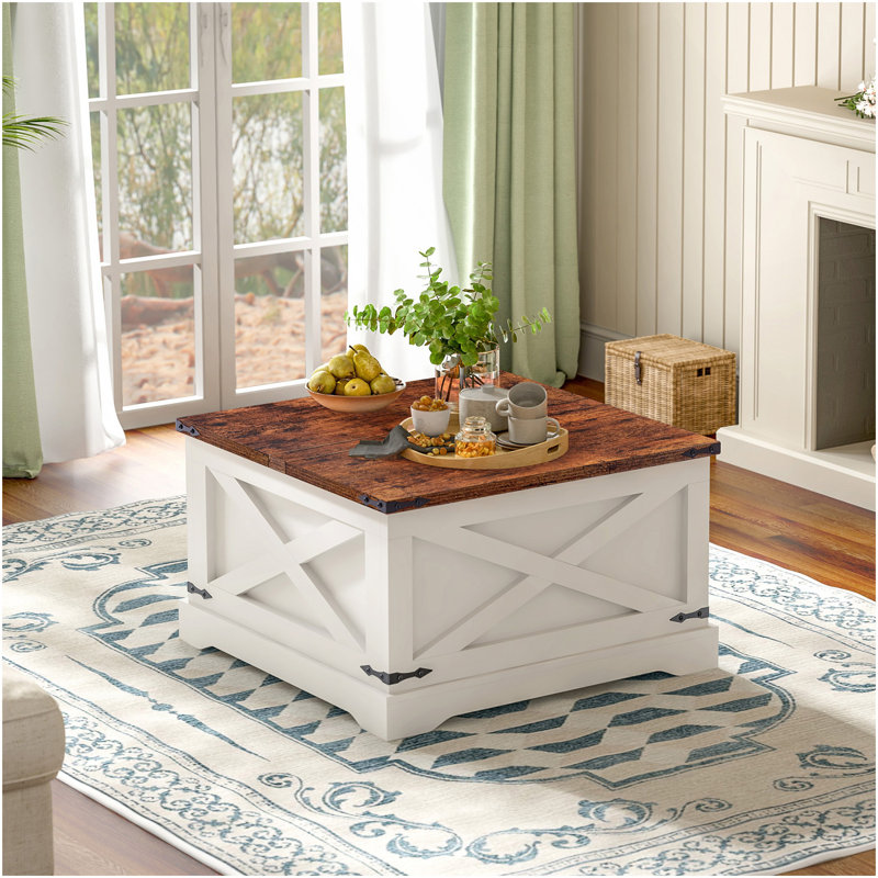 Table basse, table de salle à manger multifonctionnelle, table basse à plateau relevable, table centrale carrée en bois avec compartiments cachés pour le salon, 31,5 po x 31,5 po, blanc rétro