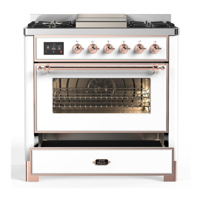 Majestic III Series 36 Inch Dual Fuel Range with 6 Sealed Burners, Griddle, in White (Liquid Propane, Copper Trim)