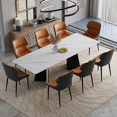 Grady Modern Dining Table Set With 94.5'' Extendable Rectangle Sintered Stone Tabletop With 8 Faux Leather Chairs