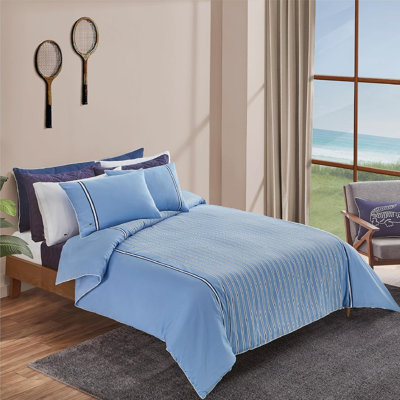 Lacoste Hollis Stripe Full/Queen Size 3-Piece Comforter Set, Premium Cotton Percale Cover with Microfiber Fill with Embroidered Crocodile Shams, Blue