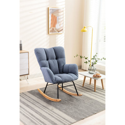 Chaise berçante d'intérieur en tissu bleu pour chambre à coucher et autres espaces, dossier, bois d'eucalyptus, capacité de 250 lb dans le salon, essuyer