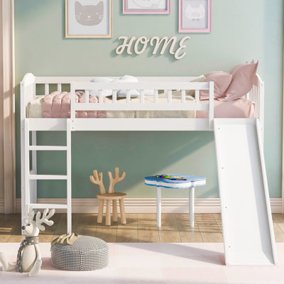 Twin Loft Bed With Slide And In White, Solid Wood White , For A Cozy Sleeping Area
