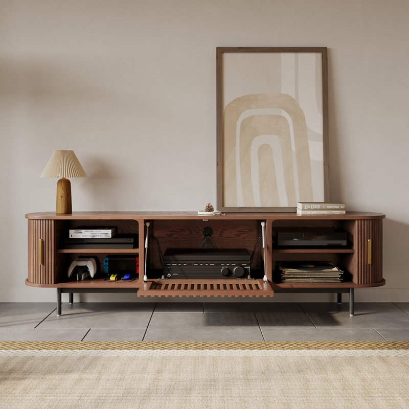 Mid-Century Modern TV Stand, Sliding Door, Fully Assembly, 21.25"H x 70.87"L x 15.75"W, Brown