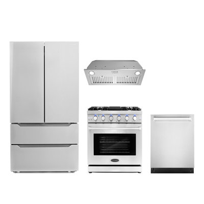 Cosmo 4 Piece Kitchen Appliance Package with French Door Refrigerator , 30'' Gas Freestanding Range , Built-In Dishwasher , Insert Range Hood , and Ai -  COS-4PKG-749