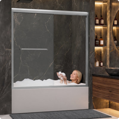 Porte de douche coulissante double de 56 à 60 po x H 57 po, porte de douche encadrée avec verre trempé de 1/4 po (6 mm) et roulettes silencieuses, accessoires en acier inoxydable