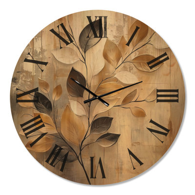 Horloge murale glamour ronde avec motif de branches de feuilles dorées, imprimée sur bois