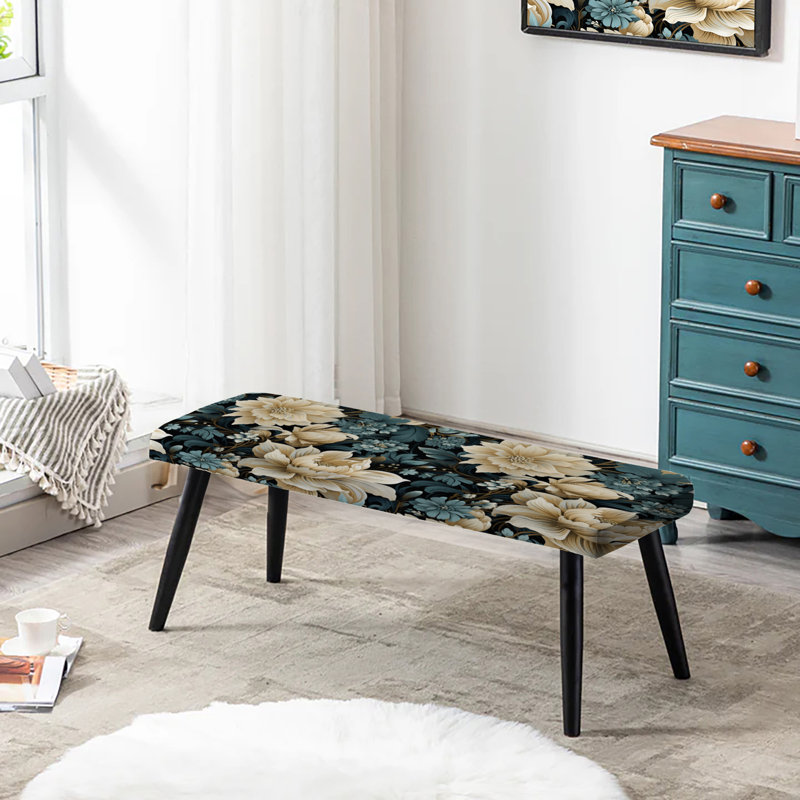 Floral Upholstered Black Bench, White And Blue Symphony Of Petal Gardens 